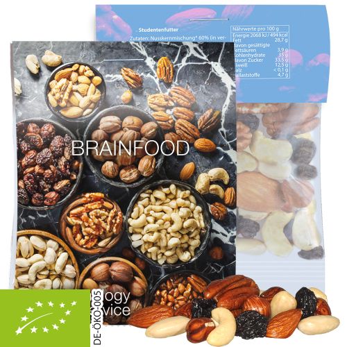 Organic trail mix, ca. 15g, express midi bag with promotional flyer
