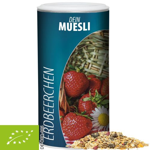 Organic muesli strawberry (vegan), ca. 150g, cardboard can medium with label
