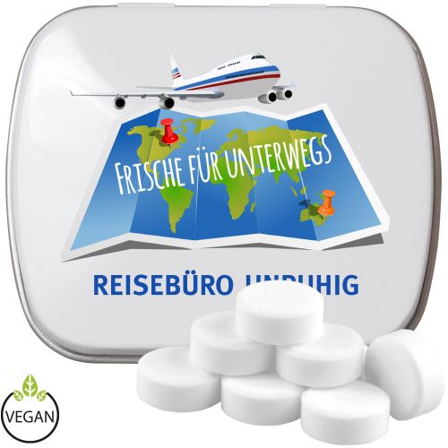 Peppermint drops sugar free, ca. 20g, mint tin white