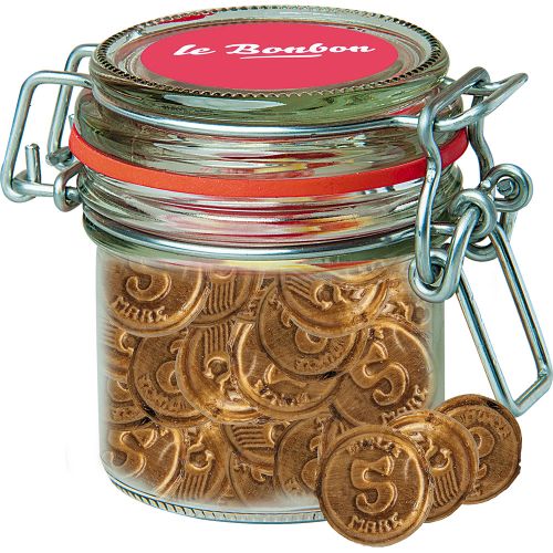 crunchy coins candy, ca. 60g, candy jar mini with label