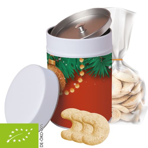 Organic vanilla crescents, ca. 100g, pouch in metal tin maxi with label