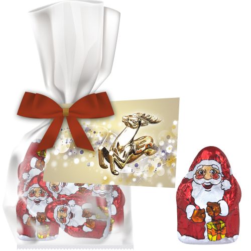 Chocolate mini Santa Claus, ca. 35g, express flat bag with bow with advertising card