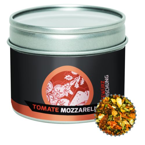 Tomato mozzarella spice, ca. 40g, metal tin with window with label