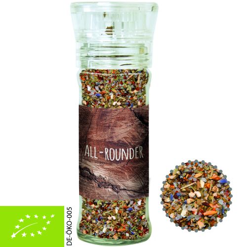 Organic all-rounder spice, ca. 50g, transparent spice mill with label