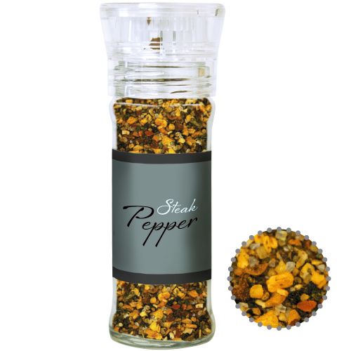 Steak pepper, ca. 55g, transparent spice mill with label
