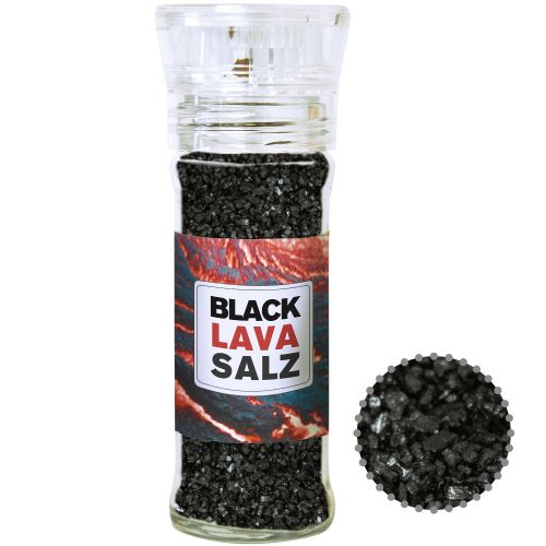 Black lava salt, ca. 80g, transparent spice mill with label
