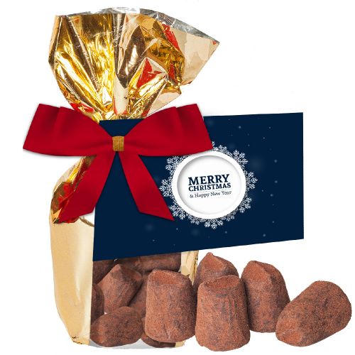cocoa truffle, ca. 120g, gold foil with window with advertising card