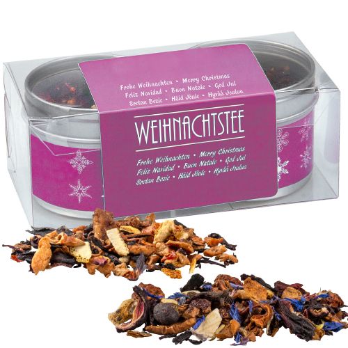various Christmas tea sorts organic and non organic, ca. 60g, 2-set metal tin with window with label