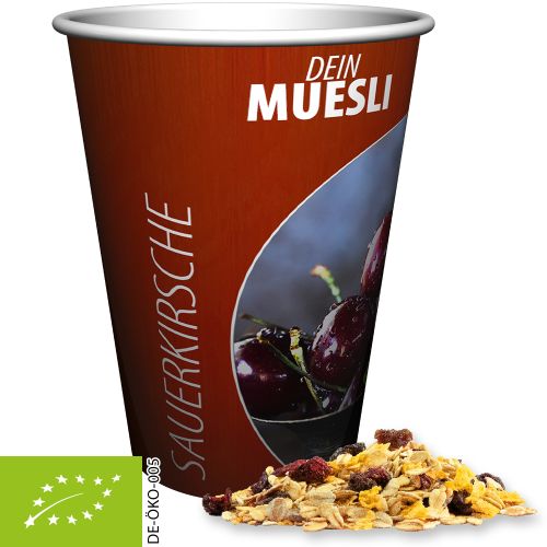 Organic muesli sour cherry (vegan), ca. 50g, maxi snack cup