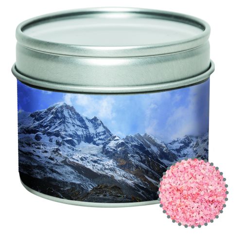 Pink crystal salt, ca. 110g, metal tin with window with label