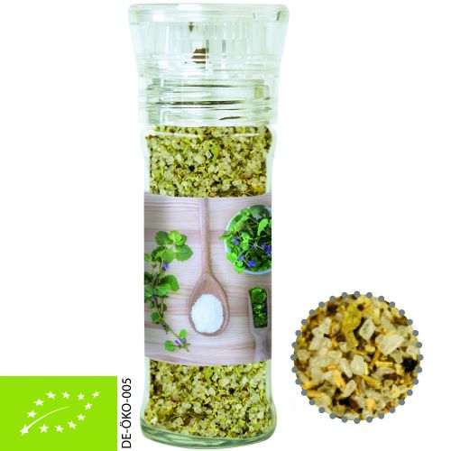 Organic herb salt, ca. 50g, transparent spice mill with label