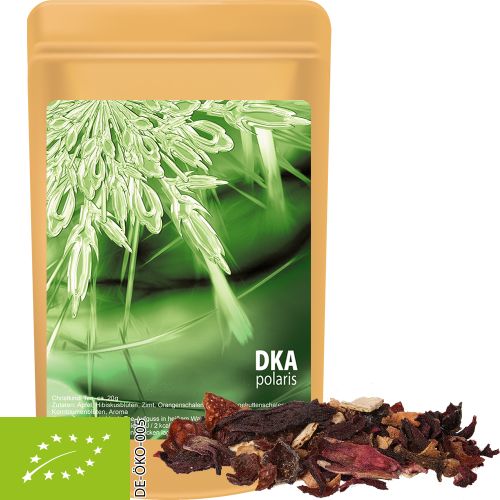 Organic Christmas fruit tea, ca. 20g, mini stand up pouch with label