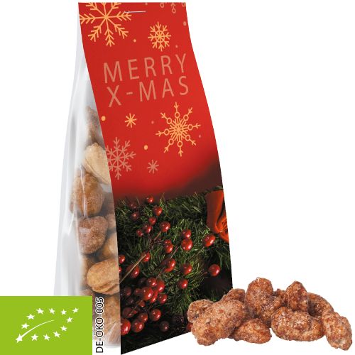 Organic burnt almonds (vegan), ca. 40g, express pouch with promotional flyer