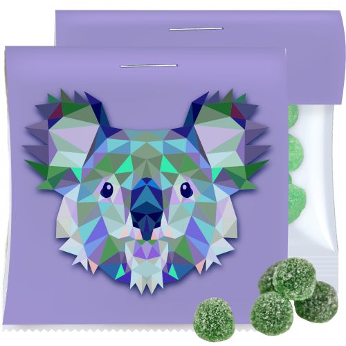 Eucalyptus menthol fruit gummy drops with gelatine, ca. 30g, express maxi bag with promotional flyer