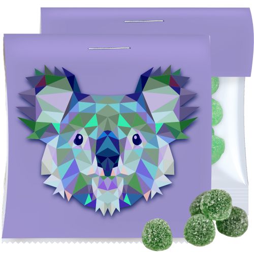Eucalyptus menthol fruit gummy drops with gelatine, ca. 30g, express maxi bag with promotional flyer