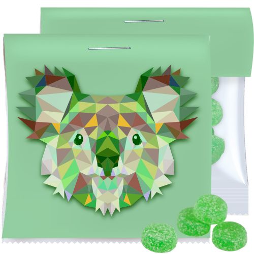 Eucalyptus menthol fruit gummy drops withou gelatine, ca. 30g, express maxi bag with promotional flyer