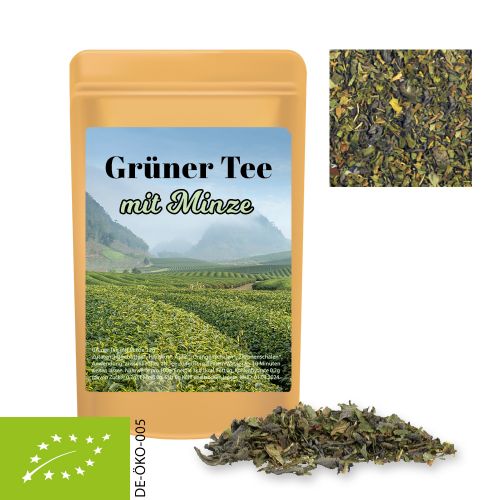 Organic green tea with mint, ca. 12g, mini stand up pouch with label