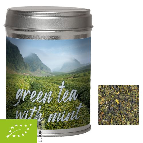 Organic green tea with mint, ca. 35g, dual tin with label