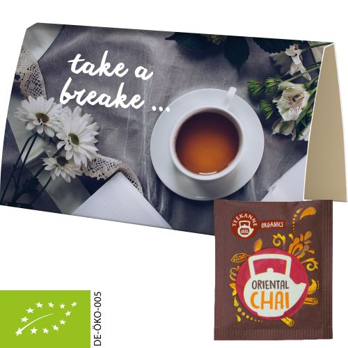 Organic bag of tea Oriental Chai, ca. 1,8g, express promotional card A6 folded with print