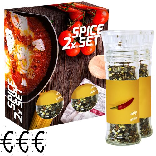 Rough spice mixture (category 3), 70-160g, 2-set glass with plastic grinder in folding box with label/print