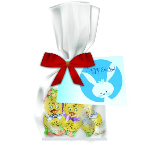 Chocolate chicken mix, ca. 24g, express flat bag with bow with advertising card