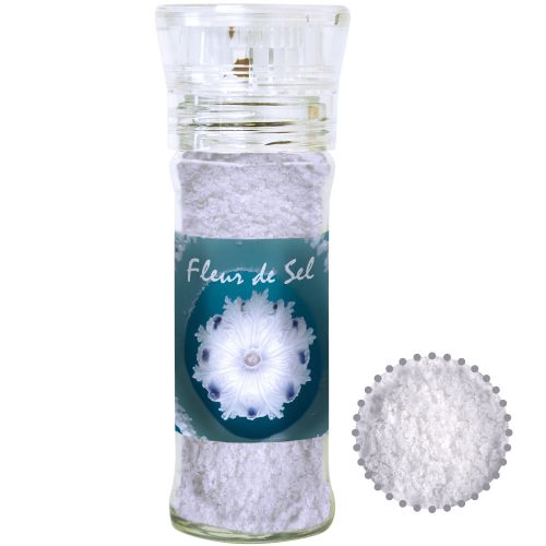 Sea salt flakes, ca. 40g, transparent spice mill with label