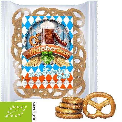 Organic mini pretzels chili, ca. 30g, express maxi bag with label