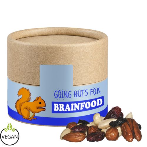 Premium trail mix, ca. 40g, biodegradable eco cardboard can mini with label
