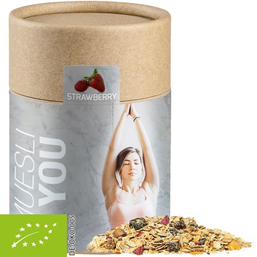 Organic muesli strawberry, ca. 60g, biodegradable eco cardboard can midi with label