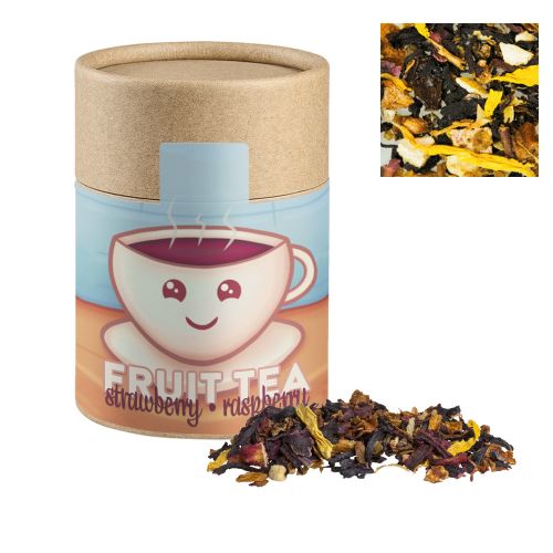 Fruit tea strawberry raspberry, ca. 40g, biodegradable eco cardboard can midi with label