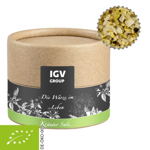 Organic herb salt, ca. 40g, biodegradable eco cardboard can mini with label