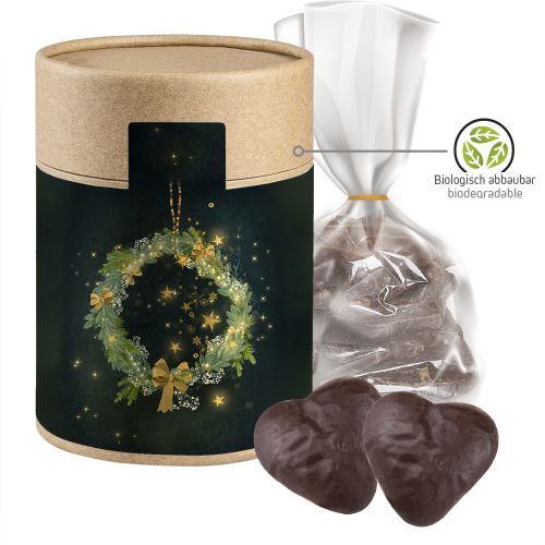 Filled chocolate ginger hearts, ca. 100g, pouch in biodegradable eco cardboard can maxi with label