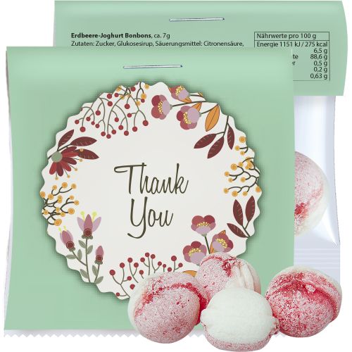 Strawberry yogurt candy (vegan), ca. 17g, express midi bag with promotional flyer