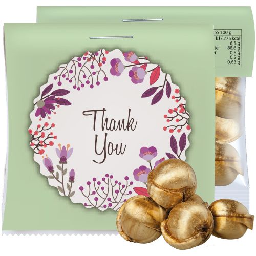Golden nuts candy (vegan), ca. 17g, express midi bag with promotional flyer