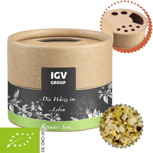 Organic herb salt, ca. 40g, biodegradable eco cardboard can mini with label