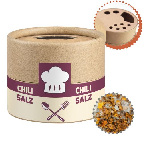 Chili salt, ca. 30g, biodegradable eco cardboard can mini with label