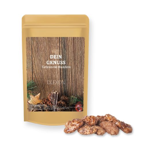 Burnt almonds (vegan), ca. 30g, mini stand up pouch with label