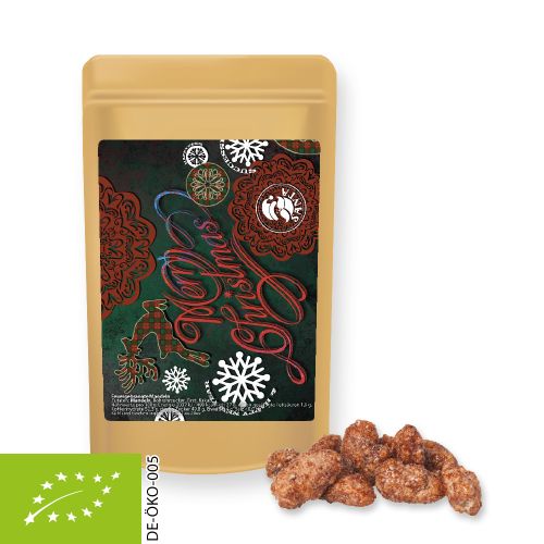 Organic burnt almonds (vegan), ca. 30g, mini stand up pouch with label