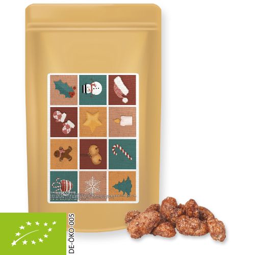 Organic burnt almonds (vegan), ca. 80g, midi stand up pouch with label