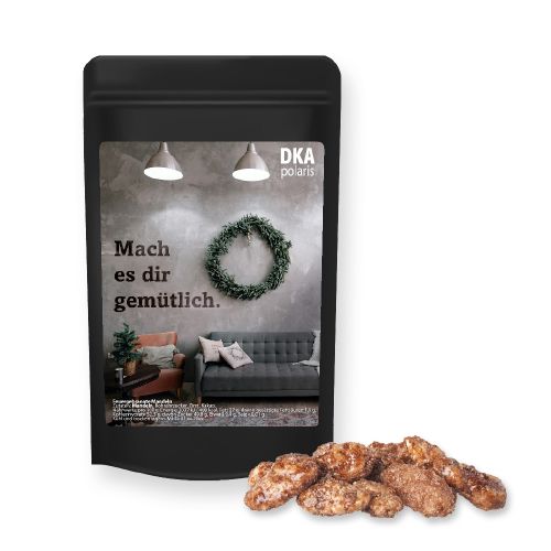 Burnt almonds (vegan), ca. 30g, mini stand up pouch black with label