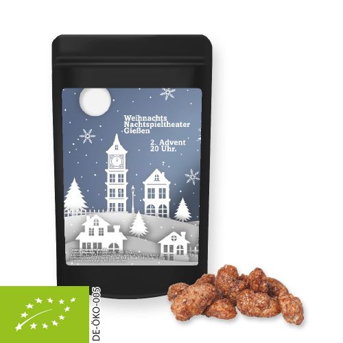 Organic burnt almonds, ca. 30g, mini stand up pouch black with label