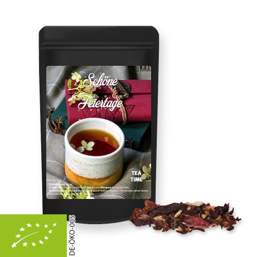 Organic Christmas fruit tea, ca. 20g, mini stand up pouch black with label