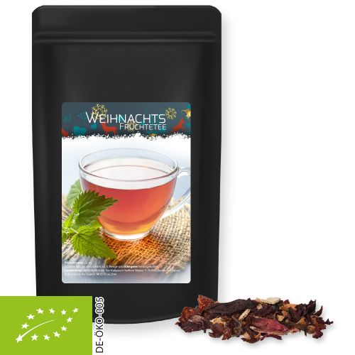 Organic Christmas fruit tea, ca. 55g, midi stand up pouch black with label