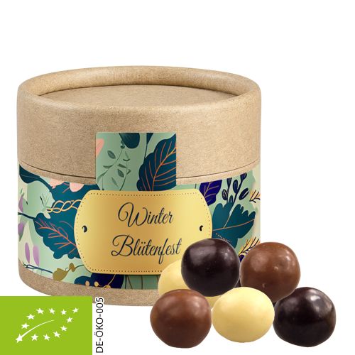 Organic choco crispy balls, ca. 25g, cardboard can mini