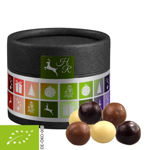 Organic choco crispy balls, ca. 25g, cardboard can mini black