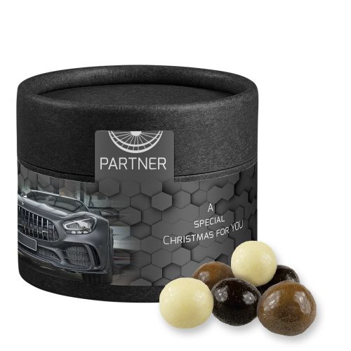Choco crispy balls, ca. 25g, cardboard can mini black