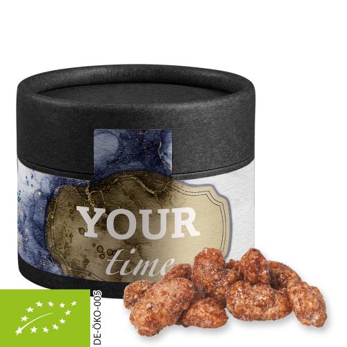 Organic burnt almonds, ca. 40g, biodegradable eco cardboard can mini black with label