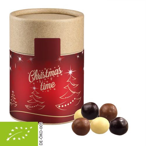 Organic choco crispy balls, ca. 50g, cardboard can midi