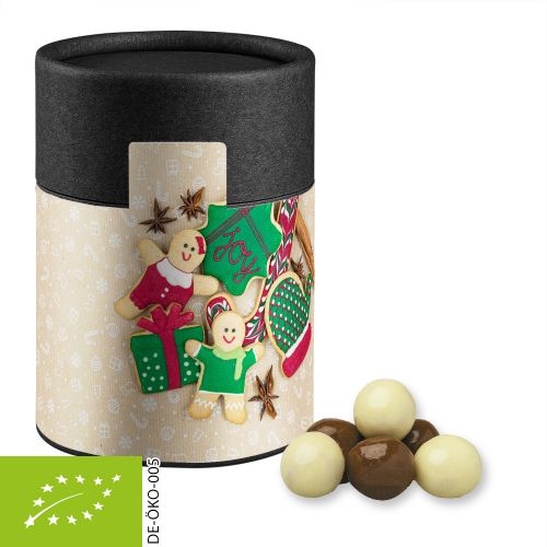 Organic choco crispy balls, ca. 50g, biodegradable eco cardboard can midi black with label