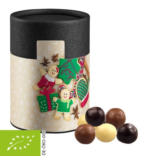 Organic choco crispy balls, ca. 50g, cardboard can midi black